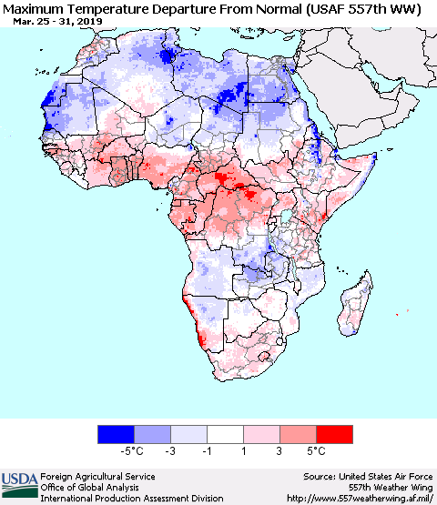 Africa Mean Maximum Temperature Departure from Normal (USAF 557th WW) Thematic Map For 3/25/2019 - 3/31/2019