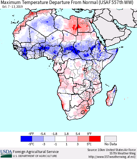 Africa Mean Maximum Temperature Departure from Normal (USAF 557th WW) Thematic Map For 10/7/2019 - 10/13/2019