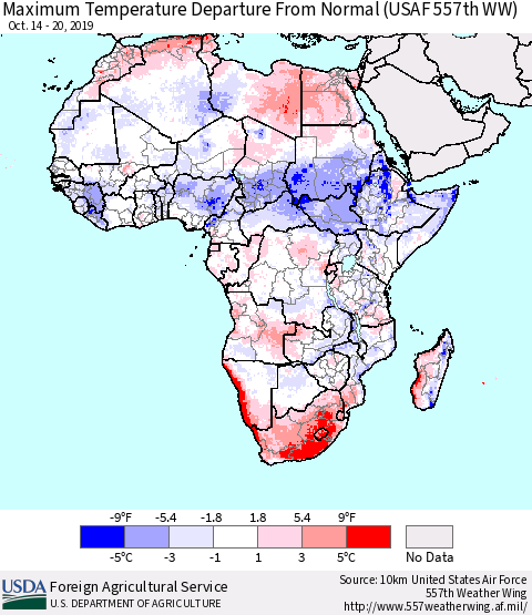 Africa Mean Maximum Temperature Departure from Normal (USAF 557th WW) Thematic Map For 10/14/2019 - 10/20/2019