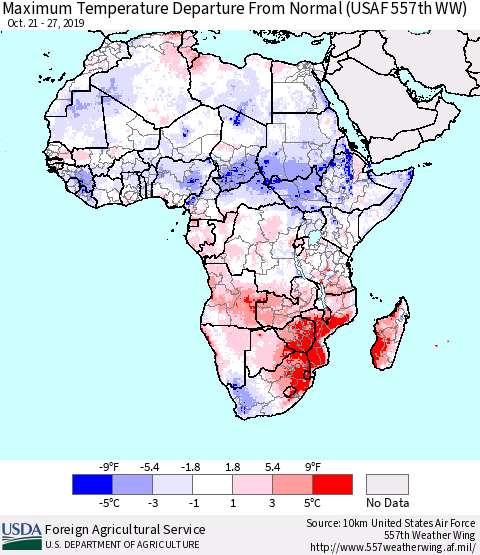 Africa Mean Maximum Temperature Departure from Normal (USAF 557th WW) Thematic Map For 10/21/2019 - 10/27/2019