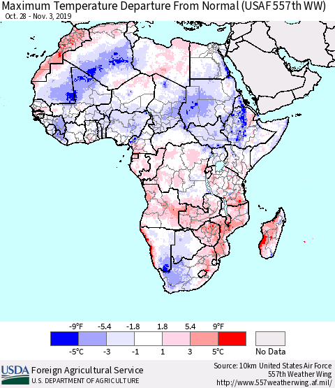 Africa Mean Maximum Temperature Departure from Normal (USAF 557th WW) Thematic Map For 10/28/2019 - 11/3/2019
