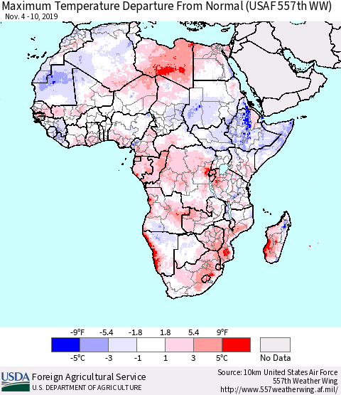 Africa Mean Maximum Temperature Departure from Normal (USAF 557th WW) Thematic Map For 11/4/2019 - 11/10/2019