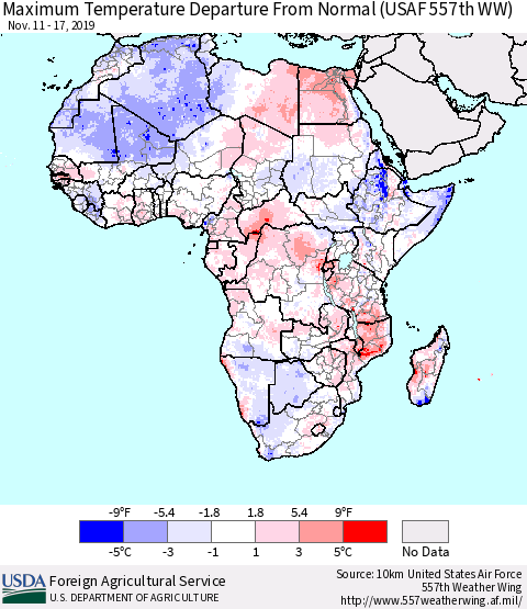 Africa Mean Maximum Temperature Departure from Normal (USAF 557th WW) Thematic Map For 11/11/2019 - 11/17/2019