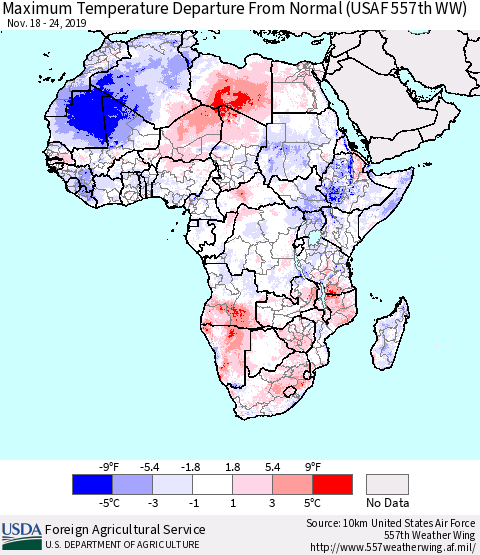 Africa Mean Maximum Temperature Departure from Normal (USAF 557th WW) Thematic Map For 11/18/2019 - 11/24/2019
