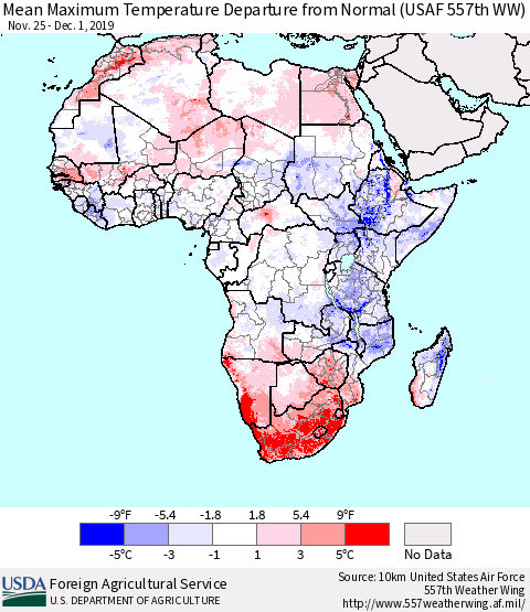 Africa Mean Maximum Temperature Departure from Normal (USAF 557th WW) Thematic Map For 11/25/2019 - 12/1/2019