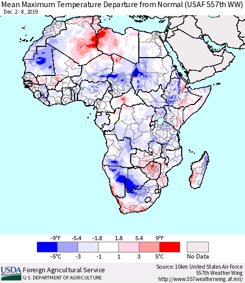 Africa Mean Maximum Temperature Departure from Normal (USAF 557th WW) Thematic Map For 12/2/2019 - 12/8/2019