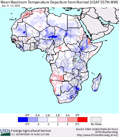 Africa Mean Maximum Temperature Departure from Normal (USAF 557th WW) Thematic Map For 12/9/2019 - 12/15/2019