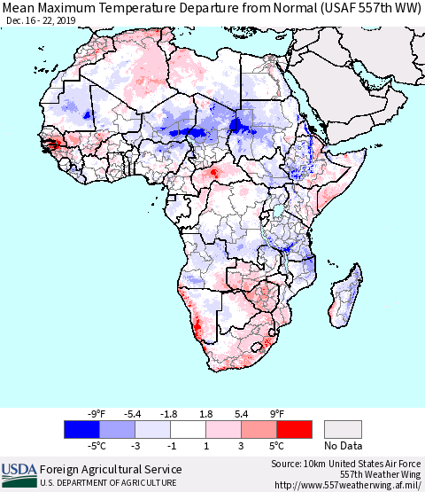 Africa Mean Maximum Temperature Departure from Normal (USAF 557th WW) Thematic Map For 12/16/2019 - 12/22/2019