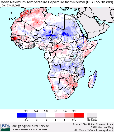 Africa Mean Maximum Temperature Departure from Normal (USAF 557th WW) Thematic Map For 12/23/2019 - 12/29/2019