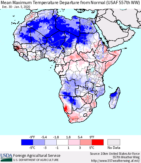 Africa Mean Maximum Temperature Departure from Normal (USAF 557th WW) Thematic Map For 12/30/2019 - 1/5/2020