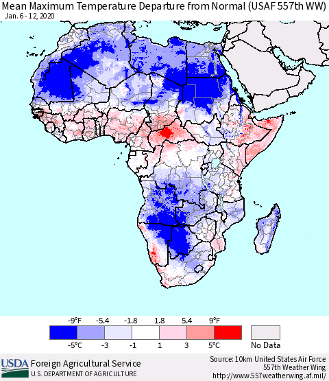 Africa Mean Maximum Temperature Departure from Normal (USAF 557th WW) Thematic Map For 1/6/2020 - 1/12/2020