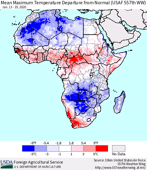 Africa Mean Maximum Temperature Departure from Normal (USAF 557th WW) Thematic Map For 1/13/2020 - 1/19/2020