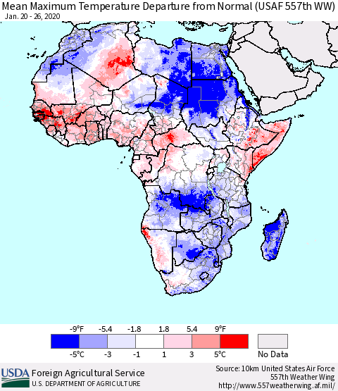 Africa Mean Maximum Temperature Departure from Normal (USAF 557th WW) Thematic Map For 1/20/2020 - 1/26/2020