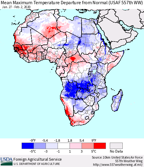 Africa Mean Maximum Temperature Departure from Normal (USAF 557th WW) Thematic Map For 1/27/2020 - 2/2/2020