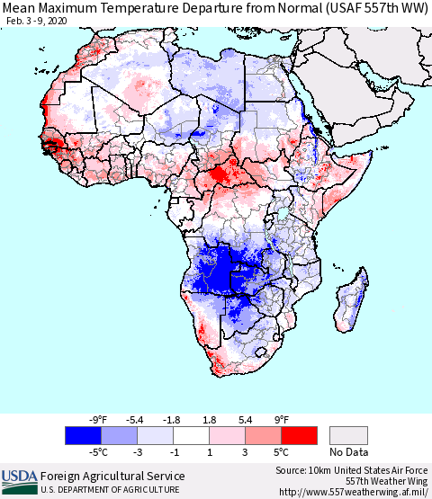 Africa Mean Maximum Temperature Departure from Normal (USAF 557th WW) Thematic Map For 2/3/2020 - 2/9/2020