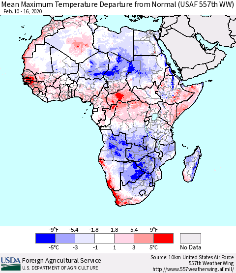 Africa Mean Maximum Temperature Departure from Normal (USAF 557th WW) Thematic Map For 2/10/2020 - 2/16/2020