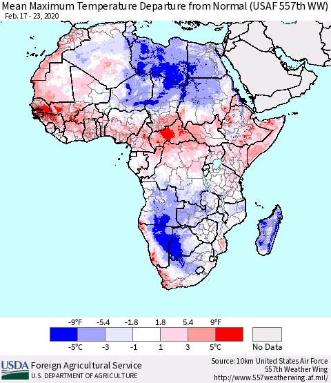 Africa Mean Maximum Temperature Departure from Normal (USAF 557th WW) Thematic Map For 2/17/2020 - 2/23/2020
