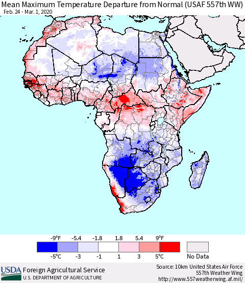 Africa Mean Maximum Temperature Departure from Normal (USAF 557th WW) Thematic Map For 2/24/2020 - 3/1/2020