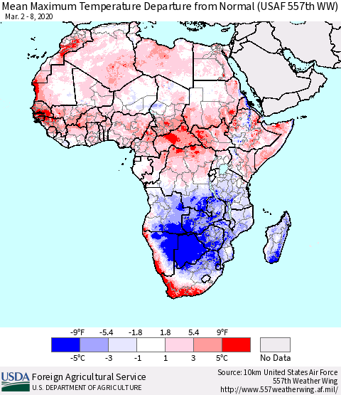 Africa Mean Maximum Temperature Departure from Normal (USAF 557th WW) Thematic Map For 3/2/2020 - 3/8/2020