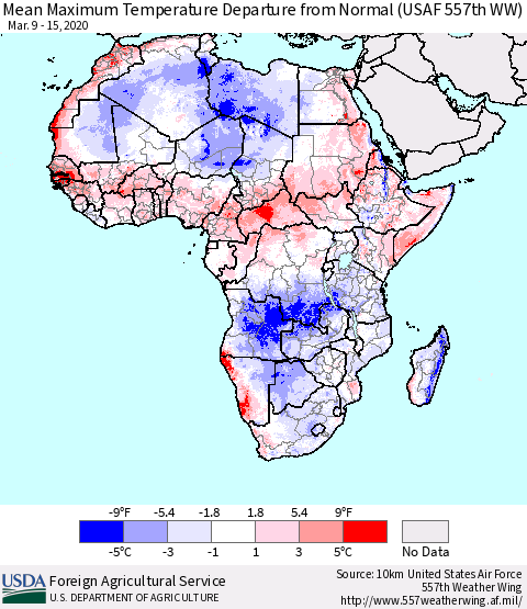 Africa Mean Maximum Temperature Departure from Normal (USAF 557th WW) Thematic Map For 3/9/2020 - 3/15/2020
