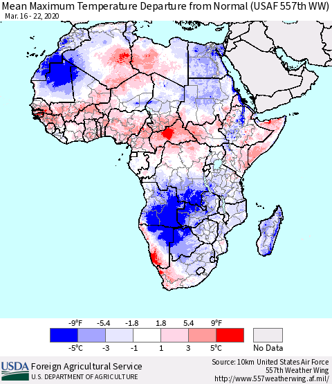 Africa Mean Maximum Temperature Departure from Normal (USAF 557th WW) Thematic Map For 3/16/2020 - 3/22/2020