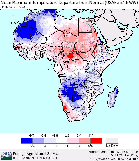 Africa Mean Maximum Temperature Departure from Normal (USAF 557th WW) Thematic Map For 3/23/2020 - 3/29/2020
