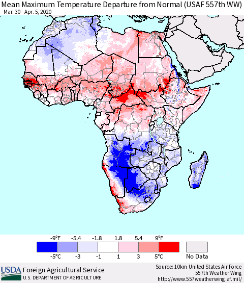 Africa Mean Maximum Temperature Departure from Normal (USAF 557th WW) Thematic Map For 3/30/2020 - 4/5/2020