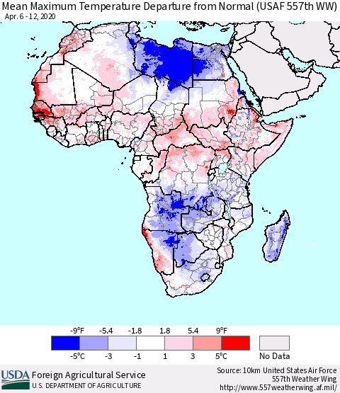 Africa Mean Maximum Temperature Departure from Normal (USAF 557th WW) Thematic Map For 4/6/2020 - 4/12/2020