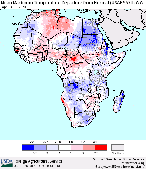 Africa Mean Maximum Temperature Departure from Normal (USAF 557th WW) Thematic Map For 4/13/2020 - 4/19/2020