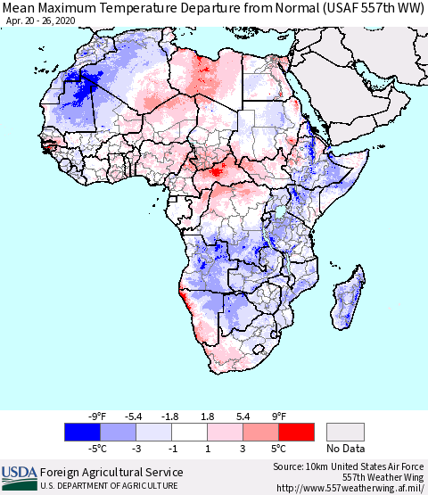 Africa Mean Maximum Temperature Departure from Normal (USAF 557th WW) Thematic Map For 4/20/2020 - 4/26/2020