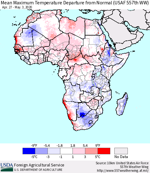 Africa Mean Maximum Temperature Departure from Normal (USAF 557th WW) Thematic Map For 4/27/2020 - 5/3/2020
