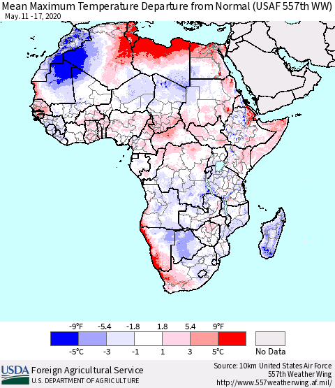 Africa Mean Maximum Temperature Departure from Normal (USAF 557th WW) Thematic Map For 5/11/2020 - 5/17/2020
