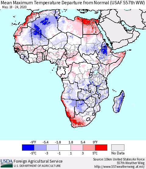 Africa Mean Maximum Temperature Departure from Normal (USAF 557th WW) Thematic Map For 5/18/2020 - 5/24/2020