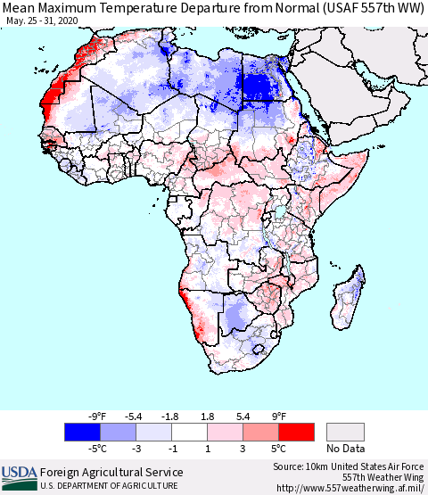 Africa Mean Maximum Temperature Departure from Normal (USAF 557th WW) Thematic Map For 5/25/2020 - 5/31/2020