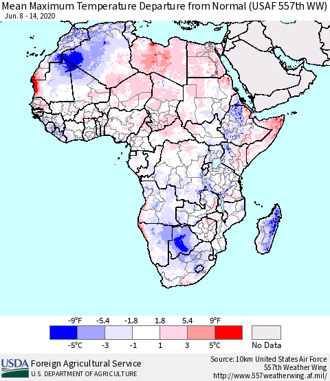 Africa Mean Maximum Temperature Departure from Normal (USAF 557th WW) Thematic Map For 6/8/2020 - 6/14/2020