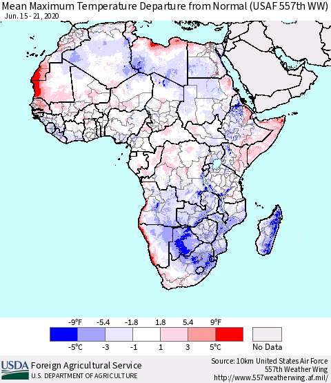 Africa Mean Maximum Temperature Departure from Normal (USAF 557th WW) Thematic Map For 6/15/2020 - 6/21/2020