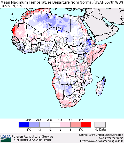 Africa Mean Maximum Temperature Departure from Normal (USAF 557th WW) Thematic Map For 6/22/2020 - 6/28/2020