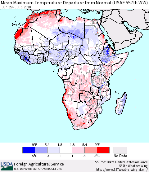 Africa Mean Maximum Temperature Departure from Normal (USAF 557th WW) Thematic Map For 6/29/2020 - 7/5/2020