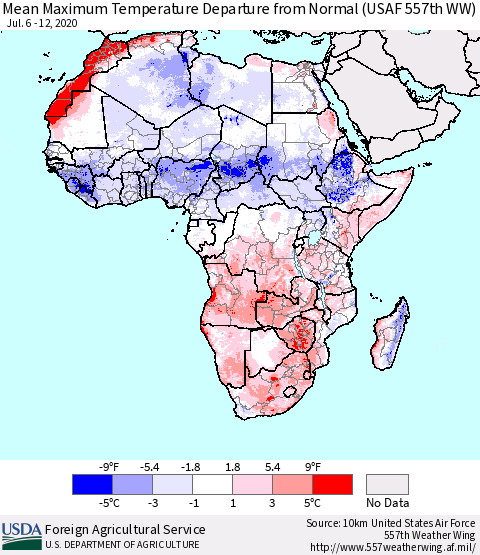 Africa Mean Maximum Temperature Departure from Normal (USAF 557th WW) Thematic Map For 7/6/2020 - 7/12/2020