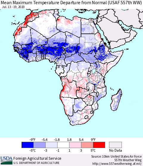 Africa Mean Maximum Temperature Departure from Normal (USAF 557th WW) Thematic Map For 7/13/2020 - 7/19/2020