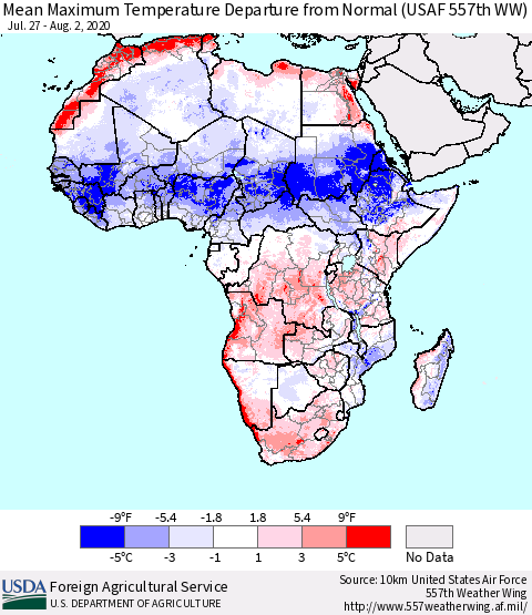 Africa Mean Maximum Temperature Departure from Normal (USAF 557th WW) Thematic Map For 7/27/2020 - 8/2/2020