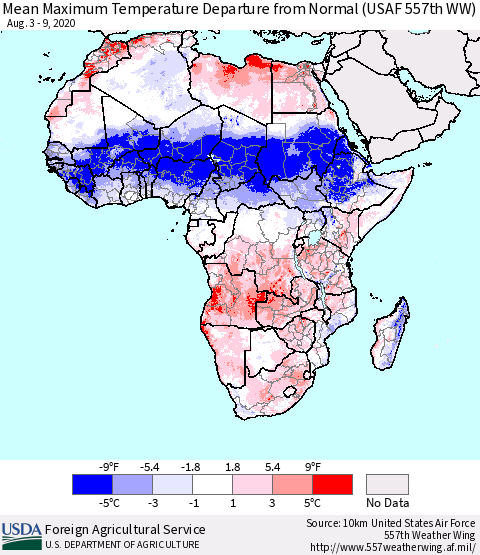 Africa Mean Maximum Temperature Departure from Normal (USAF 557th WW) Thematic Map For 8/3/2020 - 8/9/2020