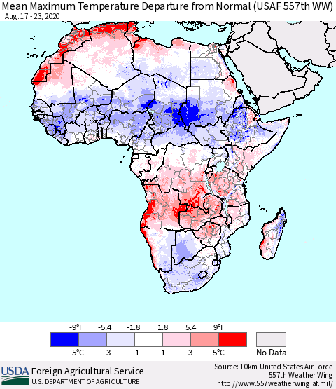 Africa Mean Maximum Temperature Departure from Normal (USAF 557th WW) Thematic Map For 8/17/2020 - 8/23/2020