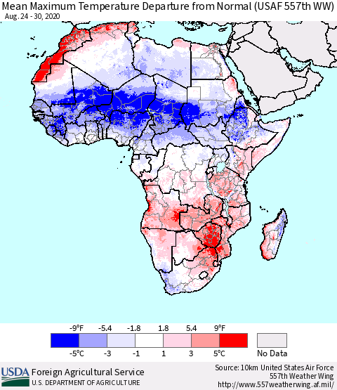 Africa Mean Maximum Temperature Departure from Normal (USAF 557th WW) Thematic Map For 8/24/2020 - 8/30/2020