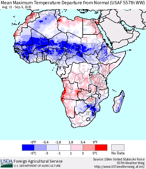 Africa Mean Maximum Temperature Departure from Normal (USAF 557th WW) Thematic Map For 8/31/2020 - 9/6/2020
