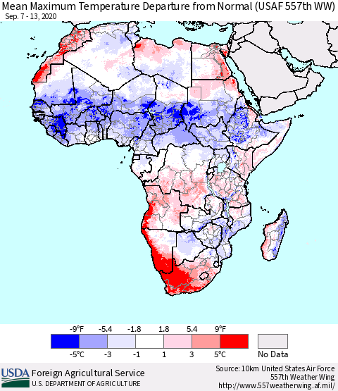 Africa Mean Maximum Temperature Departure from Normal (USAF 557th WW) Thematic Map For 9/7/2020 - 9/13/2020