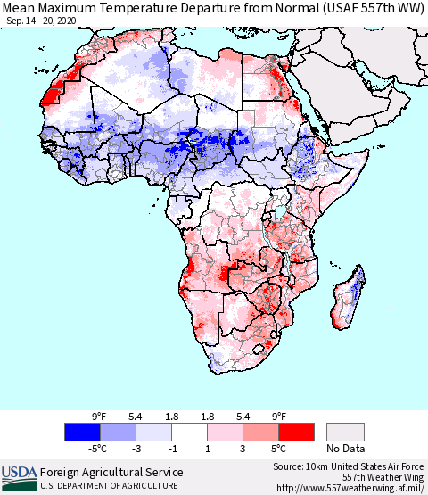 Africa Mean Maximum Temperature Departure from Normal (USAF 557th WW) Thematic Map For 9/14/2020 - 9/20/2020
