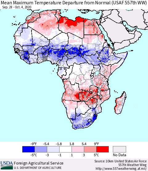 Africa Mean Maximum Temperature Departure from Normal (USAF 557th WW) Thematic Map For 9/28/2020 - 10/4/2020