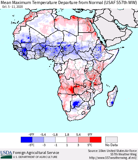 Africa Mean Maximum Temperature Departure from Normal (USAF 557th WW) Thematic Map For 10/5/2020 - 10/11/2020
