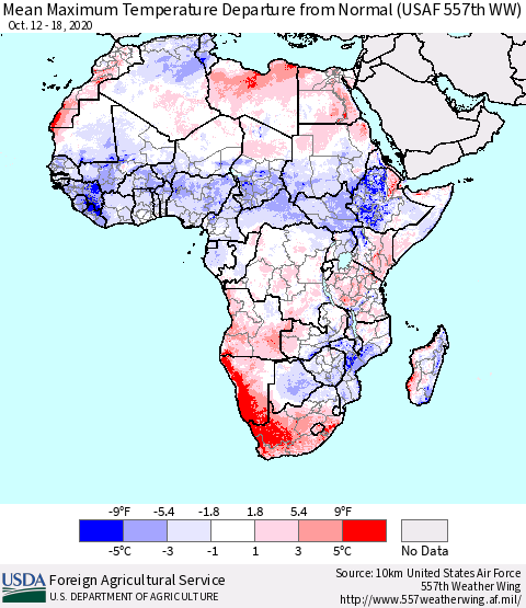 Africa Mean Maximum Temperature Departure from Normal (USAF 557th WW) Thematic Map For 10/12/2020 - 10/18/2020